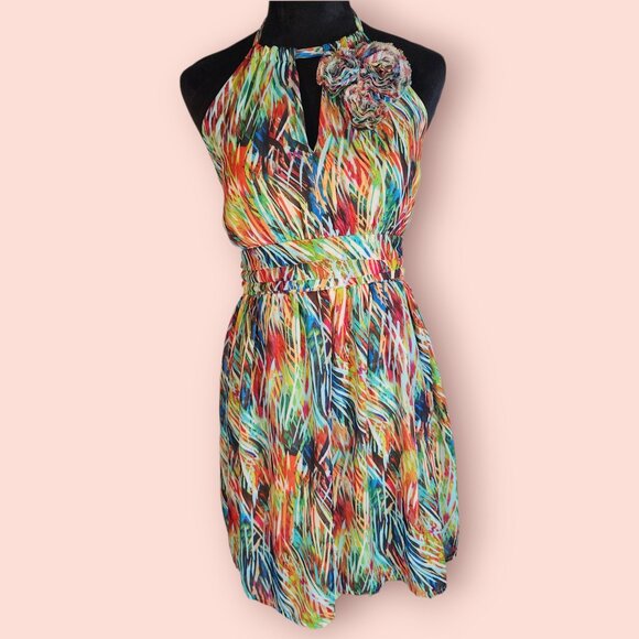 I.N. San Francisco Vibrant colorful abstract print halter dress size 3 dopamine - Picture 1 of 8